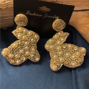 Elegant Gold and Pearl Bunny Earrings‎